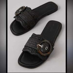 NWT American Eagle ($49.95) Black Raffia Buckle Slide Sandal